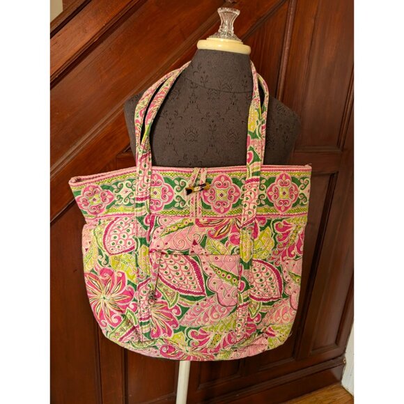Vera Bradley Quilted Tote Bag Pink & Green Paisley Print Button Closure Dual Han - Picture 1 of 8